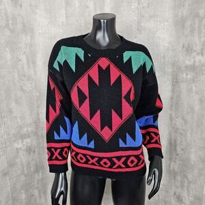 Vintage 80s 90s‎ Spring Seasons S/M Colorful Southwestern Geo Pullover Sweater